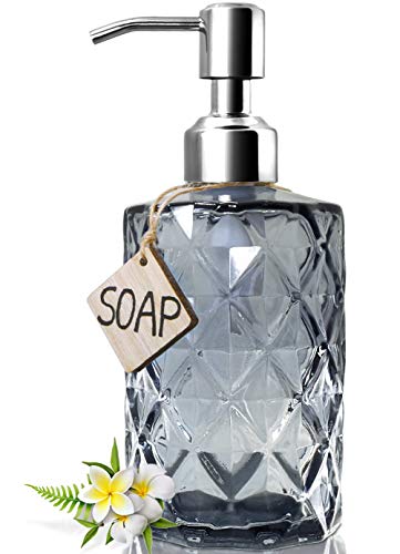 JASAI Diamond Design Glass Soap Dispenser with 304 Rust Proof Stainless Steel Soap Pump, 12 Ounce Kitchen Soap Dispenser for Bathroom, Hand Soap, Dish Soap (Grey) - color: Gray