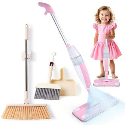 Kids Spray Mop,Toddler Mop Cleaning Set, Real Working Mini Mop & Kids Broom Dustpan Set, Housekeeping Pretend Play Toy, Montessori Kid Cleaning Toy Set Includes Organizer Clip -Pink - size: Mop & Broom Set, style: Pink