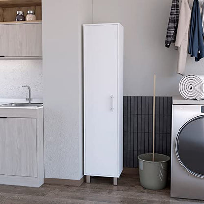 Tall Storage Cabinet, Slim Broom Closet with Single Door, 5-Tier Cabinet, 3 Broom Hangers, Modern White, Melamine Finish - color: White