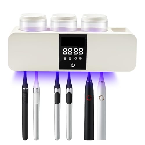 LXIANGN 3 in 1 Toothbrush Cleaner Holders for Bathrooms,Wall Mounted Toothbrush Holders with Drying and Cleaning,Smart LED Screen,6 Toothbrush Slots,3 Cups and Toothpaste Dispenser (White) - color: White