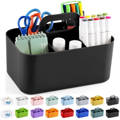 Multiuse Caddy Organizer with Handle, Portable Divided Plastic Tote Bin - Art Craft, Stationary Pen Marker Crayons, Makeup Hair Supplies Storage - Bathroom, Classroom, Dorm, Office, Desk Holder -Black - color: Black