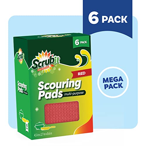 SCRUBIT Multi-Purpose Scouring Pad - Non-Scratch Cleaning Sponges for Pots, Pans, Dishes, Utensils & Non-Stick Cookware - Scrubbing Pads Use for Kitchen, Bathroom - 6 Pack Dish Sponge- (Red) - color: Red