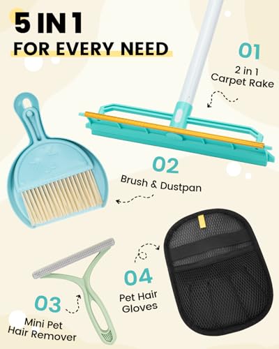 Carpet Rake for Pet Hair Removal | 5-in-1 Dual-Sided, Rubber & Metal Scraper Tool, 60" Adjustable Handle, For Dog and Cat Fur