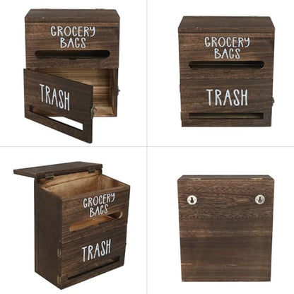 2 in 1 Trash Bag Dispenser, Double Wall Mounted,Wood Trash Bag Holder, used in kitchen, garage, laundry room, can store Environmentally friendly food bags and garbage bags(Dark Wood - color: Dark Wood/Large(10inch*5.5inch*12.2inch)