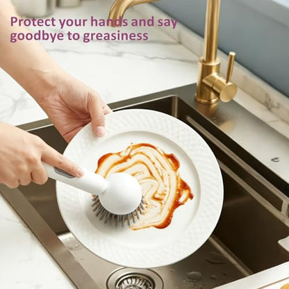 QMUNLLO 360° Rotating Dish Brush with Soap Dispenser, Non-Slip Long Handle Kitchen Scrubber Cleaning Set with Towel and Wall Hook, Ideal for Sink, Pans, Pots Cleaning(White) - color: White