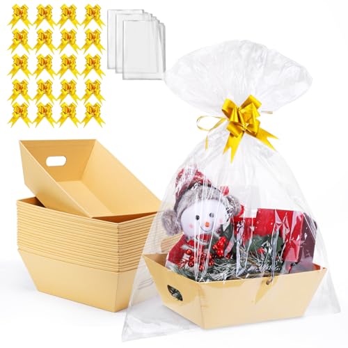 AFOROEOA 20PACK Baskets for Gifts Empty, 10x12”Thick Kraft Gift Basket with 20 Bows 20 Bags Empty Gift Baskets for Christmas, Valentine’s Day, Easter, Birthdays, Snacks, Farmers Market - color: 20PACK Kraft