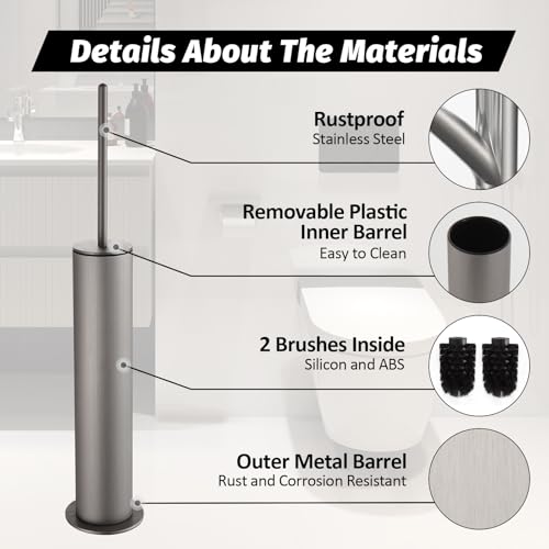BGL Toilet Brush with Holder Set Brushed Nickel Aluminium Standing for Bathroom Toilet Bowl Cleaner Brush and Holder Set, Round Design - color: Brushed Nickel-standing