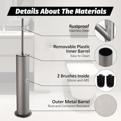 BGL Toilet Brush with Holder Set Brushed Nickel Aluminium Standing for Bathroom Toilet Bowl Cleaner Brush and Holder Set, Round Design - color: Brushed Nickel-standing