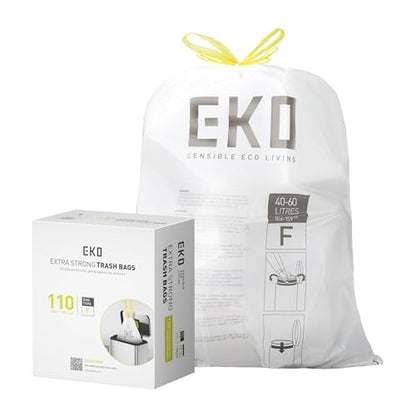EKO 13 Gallon / 40-60 Liter,110 Count Drawstring Trash Bags, Extra-Strong Unscented Garbage Bags, Easy-Dispense Roll for Kitchen & Household Use, Resists Tears, Leaks and Punctures, Code F, White - size: 110 Count (Pack of 1), style: 13 Gallon Bags/Code F