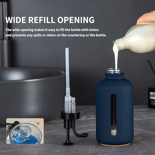 Enra Glass Soap Dispenser with Window,17oz Blue Hand Soap Dispenser Stainless Steel Hand Pump,Countertop Lotion Bottle for Bathroom Kitchen(Blue-Liquid - color: Liquid-blue2