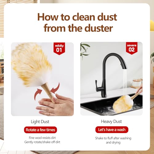 Lambswool Duster for Cleaning with Solid Wooden Handle Leather Hang Strap 14.9 inch Natural Feather Duster for Cleaning Ceiling Fans Window Blinds Computer Furniture(2 Pack) - size: 14.9Inch