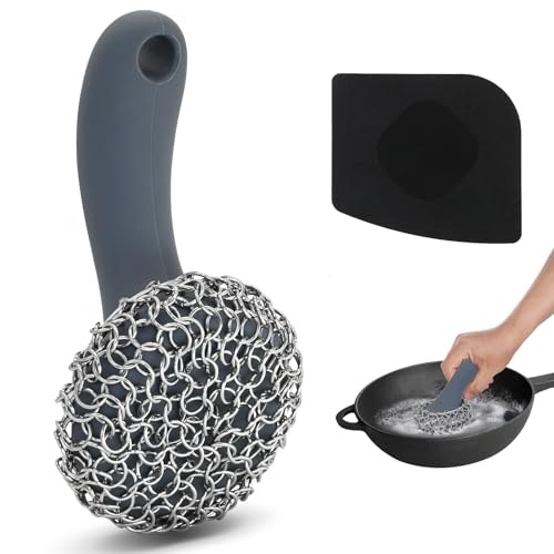 Cast Iron Scrubber with Long Handle | 316 Cast Iron Cleaner Chainmail Scrubber for Pan Skillet Cleaner - Dish Scouring Pad Dishwasher Safe Cleaning Kit (Grey, 1 Scrubber + 1 Scraper) - color: Grey, 1 Scrubber + 1 Scraper