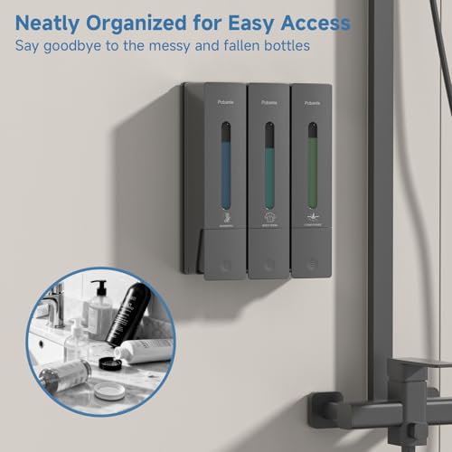 Shampoo and Conditioner Dispenser - Shower Soap Dispenser Wall Mounted No Drill - Shampoo Conditioner Body Wash Dispenser 3 Chamber - Easy Install for Bathroom Hotel Gungrey 1200ml - color: Grey 3