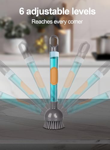 Soap Dispensing Dish Brush with Handle, 360° Rotating Head, 5-Piece Kitchen Cleaning Set (2 Brush Heads & 3 Sponges), Non-Scratch Scrubber for Pot, Pan, Sink, Leak-Proof Dishwand, Grey