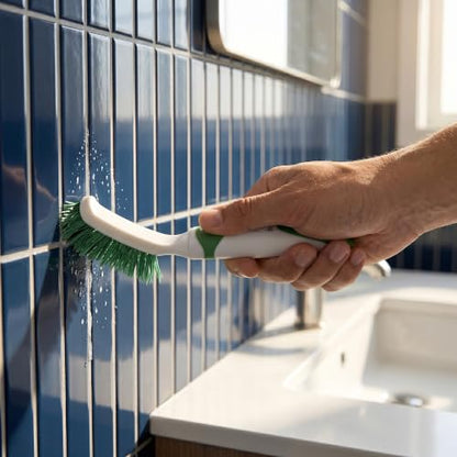 Restaurantware Grout Brush 1 Pack of 9 Tile Scrubbing Brush Stiff Bristle Ergonomic Handle Angled Head Narrow Design Green and White Plastic Cleaning Tool