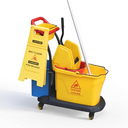 Commercial Cleaning Cart On Wheels, Floor Cleaning Rectangular Mop Bucket with Sturdy Down Press Wringer Combo, 38-Quart, Yellow,ADD One Heavy Duty Mop and Wet Floor Caution Sign（24Inch）