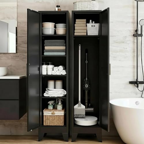 67" H Broom Closet Storage Cabinet,Mop Closet,Metal Narrow Bathroom Cabinet,Utility Cleaning Cabinets - color: Black, size: 67"H-1Door