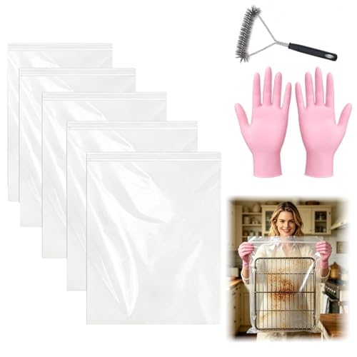 5 Pack Oven Rack Cleaning Bags - Oven Rack Cleaning Bags Kit with 5 Gloves & 1 Wire Brush, Reusable Leak-Resistant PE Bags for Deep Soaking BBQ Racks, Grill Grates (39.4"x31.5") - color: 5 Pack 39.4"x31.5"