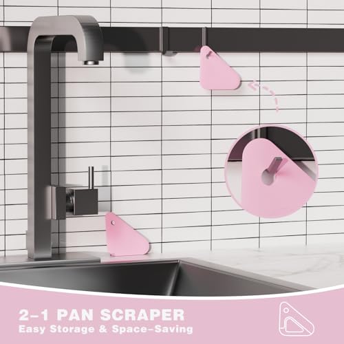 Food Scraper, 2-in-1 Pot and Pan Dish Scraper, Nylon and Silicone, Kitchen Scraper Tools for Cast Iron Skillets, Cookware, Dishes, Pans and Pots, Heat Resistant, Set of 3 - Pink - color: Pink
