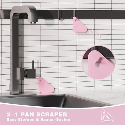 Food Scraper, 2-in-1 Pot and Pan Dish Scraper, Nylon and Silicone, Kitchen Scraper Tools for Cast Iron Skillets, Cookware, Dishes, Pans and Pots, Heat Resistant, Set of 3 - Pink - color: Pink