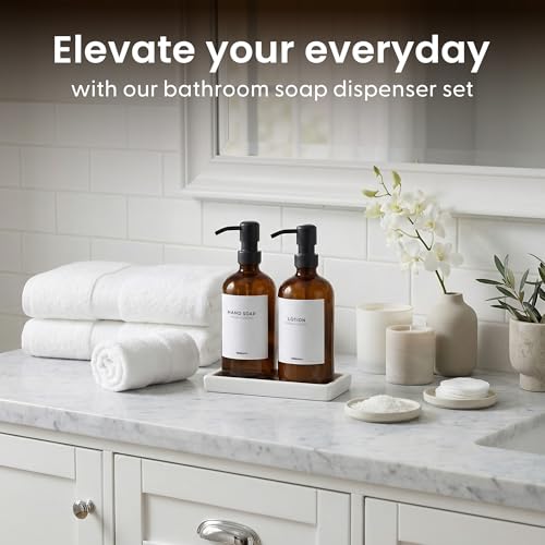 MaisoNovo Soap and Lotion Dispenser Set - Bathroom Soap Dispenser Set with Amber Glass Soap Dispenser, Black Pumps & Ceramic Tray - color: Amber Bottles/ Black Pumps/ White Ceramic Tray