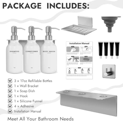 KOUCHU Shampoo and Conditioner Dispenser - Wall Mounted Shower Soap Dispenser - 17oz No-Drill Refillable Plastic Bottles with Stainless Steel Pump for Bathroom - Includes Soap Dish and Hook (Silver) - color: Silver