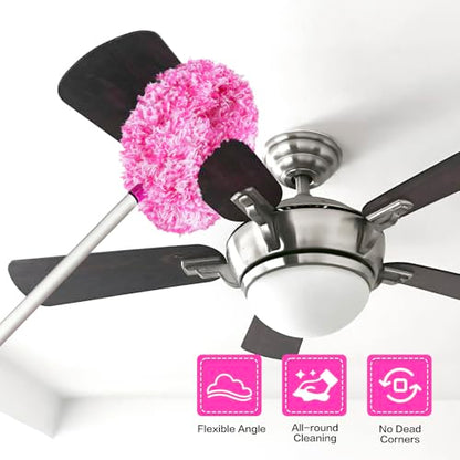 Ceiling Fan Cleaner Duster Reusable Microfiber Ceiling Fan Blade Cleaner Removable Duster with Extension Pole Adjusts 13 to 49.7 Inch for Cleaning Walls Furniture Door Window Top (Rosy White) - color: Rosy White