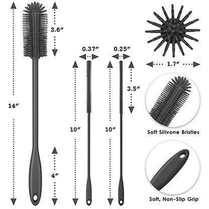 3-in-1 Silicone Bottle Brush and Straw Cleaning Brush Set, Water Bottle Cleaner for Narrow Neck Containers, Tumblers, Flask, Vase and Glassware (Charcoal) - color: Charcoal