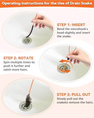 32 Inch Anti-break Metal Drain Snake, Hair Clog Remover, Cleaner Tool | Nylon Coating Sink Snake Drain Cleaner Hair Catcher Remover for Shower Bathroom Sink Tub - color: Orange/Black-32inch