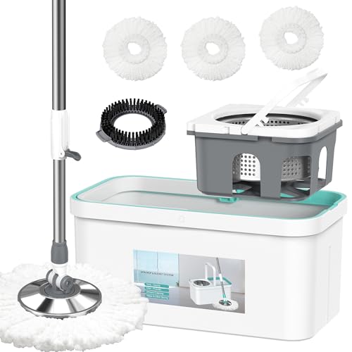 Spin Mop and Bucket Set with Wringer and 3 Extra Microfiber Heads and 1 Scrub Brush 5-GAL Heavy-Duty Design for Hardwood Tile Laminate Home Cleaning Tools