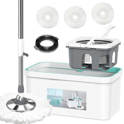 Spin Mop and Bucket Set with Wringer and 3 Extra Microfiber Heads and 1 Scrub Brush 5-GAL Heavy-Duty Design for Hardwood Tile Laminate Home Cleaning Tools