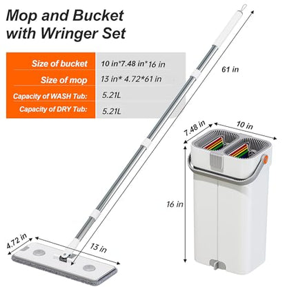Mop and Bucket Set, Flat Mop and Bucket System, Mop Bucket with Wringer, Wall Mop with Adjustable Handle (Max 61 Inches), 5 Washable Microfiber Mop Pads