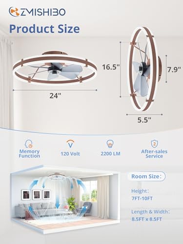 ZMISHIBO 24 Inch Ceiling Fans with Lights and Remote, Modern Low Profile Ceiling Fan, 3000-6000K Dimmable Flush Mount LED Fan Light, 6 Wind Speeds, Fandelier Ceiling Fans for Bedroom- Brown - color: Brown, size: 24 INCH