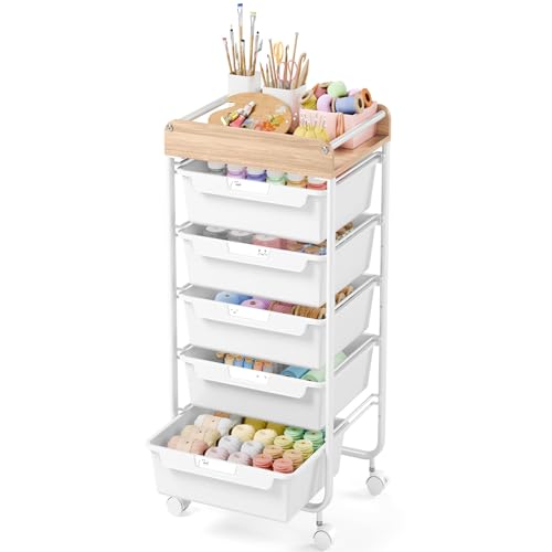 SYKIARIOL Rolling Cart with 5 Drawers,Art Craft Cart,Storage Utility Cart with Wheels,Makeup Organizer with Wooden Tabletop,White - color: White, size: 5-Drawers