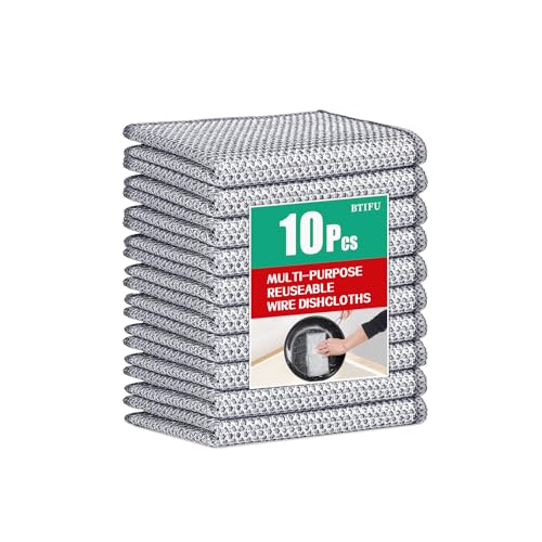 10Pcs Multipurpose Wire Dishwashing Rag, Reusable Non-Scratch Wire Dishcloth, Metal Dish Cloth Wet and Dry for Kitchen Cleaning, Sinks, Dishes, Stove Top, Dimensions(7.87X7.87)
