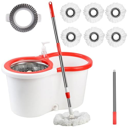 Spin Mop and Bucket with Wringer Set, 360° Spinning Mop Bucket System with 6 Microfiber Mop Replacement Heads and 61" Stainless Steel Adjustable Handle for Floor Cleaning (20QT) - color: White