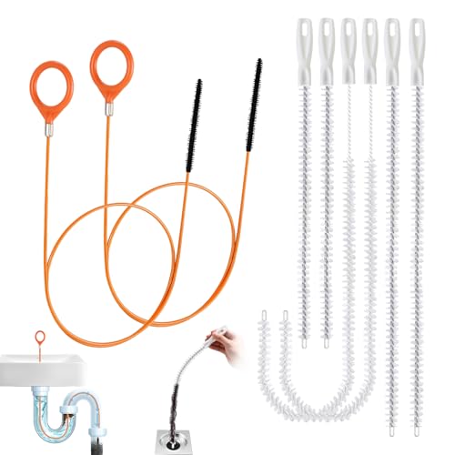 8 Pack Shower Drain Snake Set, 2 x 32" Snake Drain Hair Removal Tool, 6 × 18/24/28" Drain Cleaner Tool, Long Flexible Anti-Break Steel Plumbing Snake for Sink/Pipe/Bathroom/Toilet/Tub Drain