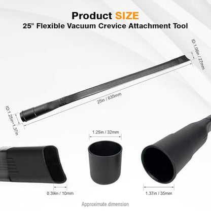 25" Long Flexible Crevice Tool Vacuum Cleaning Attachment For All 1-1/4 in or 1-3/8 inch Connector Hoses Helps Clean Dryer Lint and Spiders on Ceiling