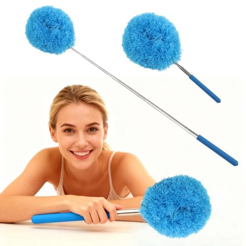 Extendable Microfiber Duster, Telescoping Dusting Brush for Home and Car Cleaning, Adjustable Length, Soft and Flexible - color: Round Blue