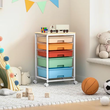 SYKIARIOL Utility Cart with 5 Drawers,Storage Cart with Wooden Tabletop and Lockable Wheels,Craft Storage Trolley Organizer,5-Tier Rolling Utility on Wheels,Macaron - color: Macaron