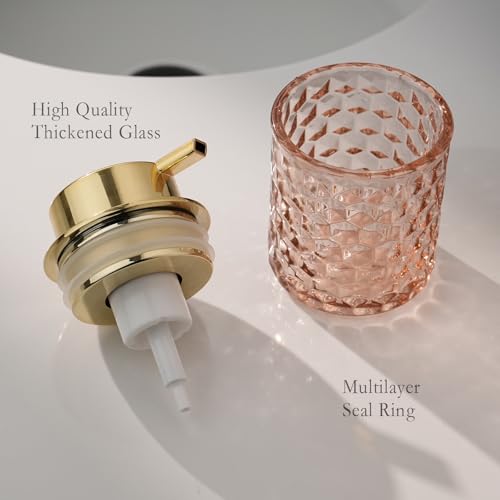 CICUFY Hand Soap Dispenser Glass, Refillable Liquid Dispenser for Bathroom & Kitchen,Lotion Dispenser with Large Gold Pump（Diamond Pattern-Pink） - color: Pink, style: Liquid(can't foam)/Diamond Pattern