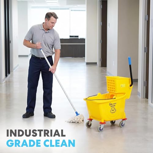 SIMPLI-Magic Side Press Wringer Combo Commercial Mop Bucket on Wheels, 2-Pack, 35 Quart, Yellow, Including Wet Floor Caution Sign and Mop Set, Polyethylene - size: Two Pack