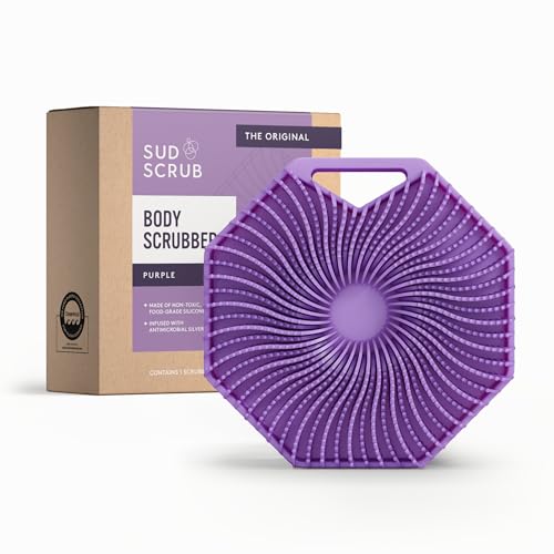 Sud Scrub® Antimicrobial Silicone Body Scrubber, Exfoliating Body Brush for Sensitive Skin, Antibacterial Shower Scrubber for Body, Bathroom Essentials for Men & Women, Purple - color: Purple