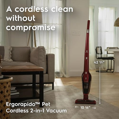 Electrolux Ergorapido Pet Cordless 2-in-1 Vacuum Cleaner with Motorized Pet Nozzle for Easy Pet Hair Removal, 48-Minute Run Time, 2 Power Modes, Chili Red - style: Pet Version