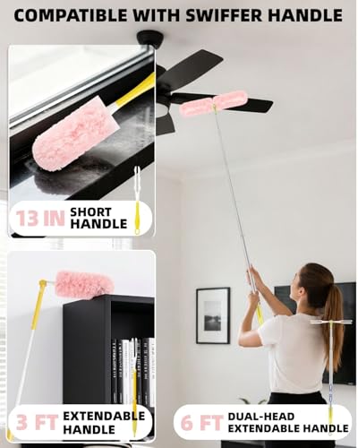 30 Count Pink Duster Refills Compatible with Swiffer Handle, 360° Multi-Surface Duster Refills with 1 Handle, 5X Microfibers Disposable Dusters for Home, Office Cleaning - color: 30 Pink Refills + Short Handle