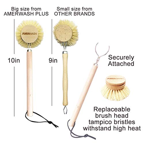 AMERWASH PLUS Dish Brush with Wooden Handle, Natural Kitchen Brush for Dishes Vegetable, Pots and Pans, Tampico Fiber Bristles Scrubber, Extra 3 Pack Replacement Head Included - size: 4 Piece Brush Set with Replacement Heads