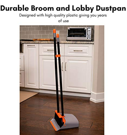 BirdRock Home Broom and Dustpan Set - Lobby Dust Pan - Orange and Grey Durable Set - Indoor or Outdoor - Sweep Combo Great for Kitchen, Home, Garage and Office - Clip On Self Cleaning Bristles