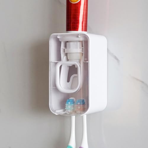 2 Slot Toothbrush Holder and Toothpaste Dispenser Wall Mounted, Automatic Toothpaste Squeezer, 2 in 1 Tooth Brush Toothpaste Organizer for Shower (Clear) - color: Clear, size: 1
