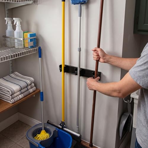 Restaurantware 17.7 Inch Snap-In Design Mop Holder, Black Plastic, 3 Customizable Slots, Screws Included