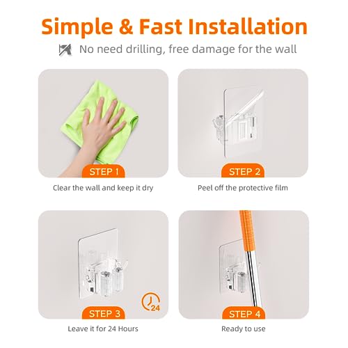 Batur Broom Holder Wall Mount, 4 Pack New Version Adhesive Mop and Broom Holder Wall Mount, Super Anti-Slip Broom Hanger Mop Organizer Wall Hanging for Bathroom, Kitchen, Laundry Room - color: Transparent